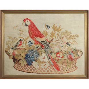 Fabulous 19th C. Peiti Point Needlepoint Embroidery PARROT in BASKET of FLOWERS, Framed: Step into a world of Victorian elegance with this fabulous 19th-century Petit Point Needlepoint Embroidery, delicately portraying a parrot perched in a basket of flowers. This framed masterpiece captu