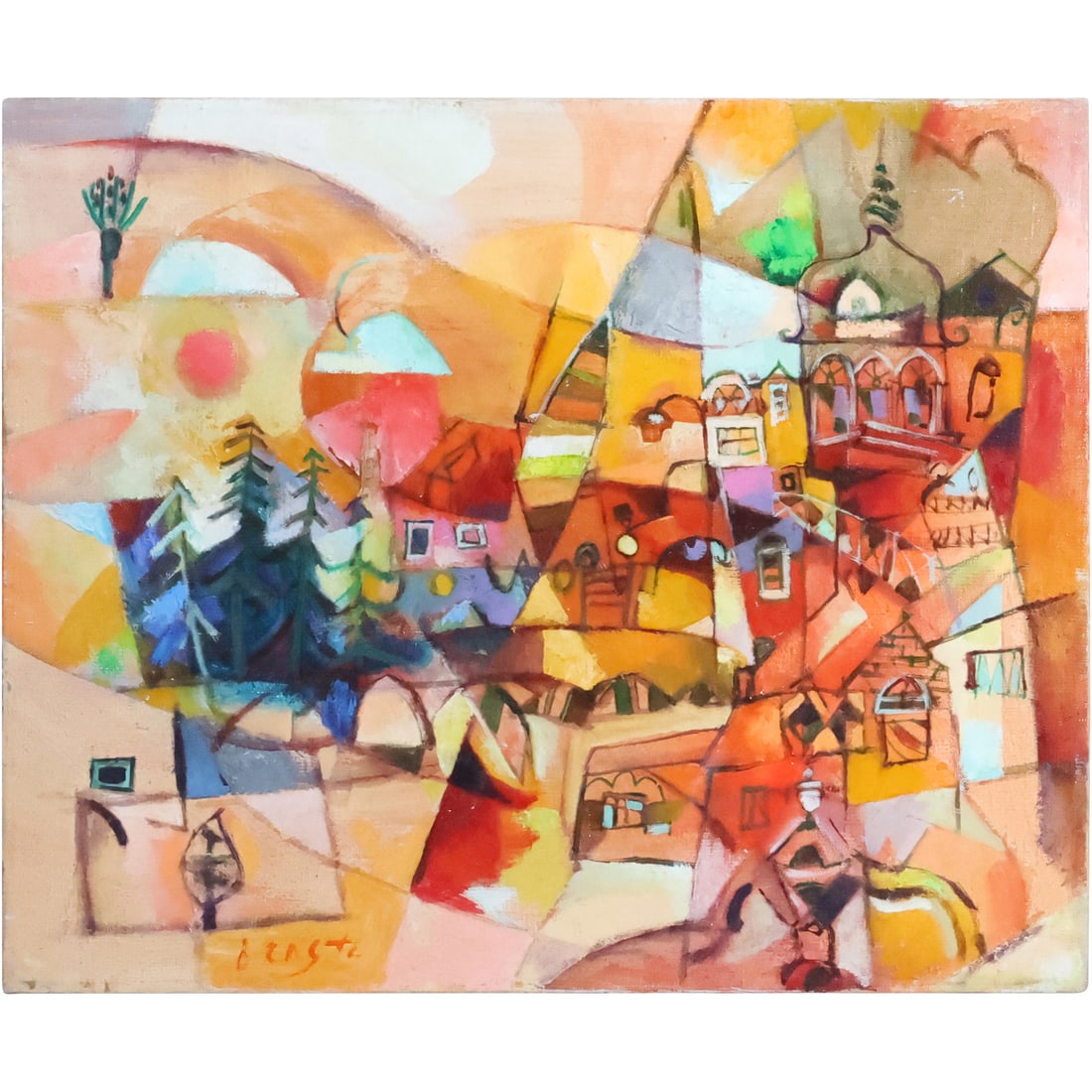 Sunset II" - Miljenko Bengez, Abstract Cityscape DreamScape Oil on Canvas Painting (1 of 20)