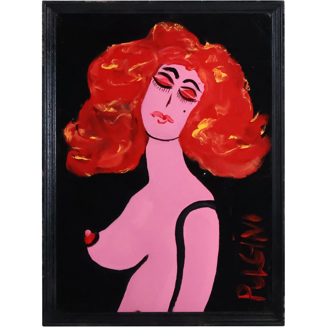 Thomas Pulgini, American, Oil on Board Painting Abstract Nude Pink Woman with Red Hair: Step into the enchanting world of Thomas Pulgini with this mesmerizing oil-on-board painting, an abstract portrayal of a pink nude woman adorned with resplendent red hair. This piece, signed by the ac