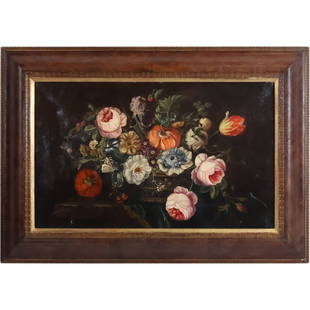 Vintage Dutch School Oil on Canvas Painting Still Life Flowers, Framed: tep into the timeless beauty of this Vintage Dutch School Oil on Canvas Painting, a masterful representation of the traditional still life genre. The canvas, measuring 16 inches by 25.75 inches, captu