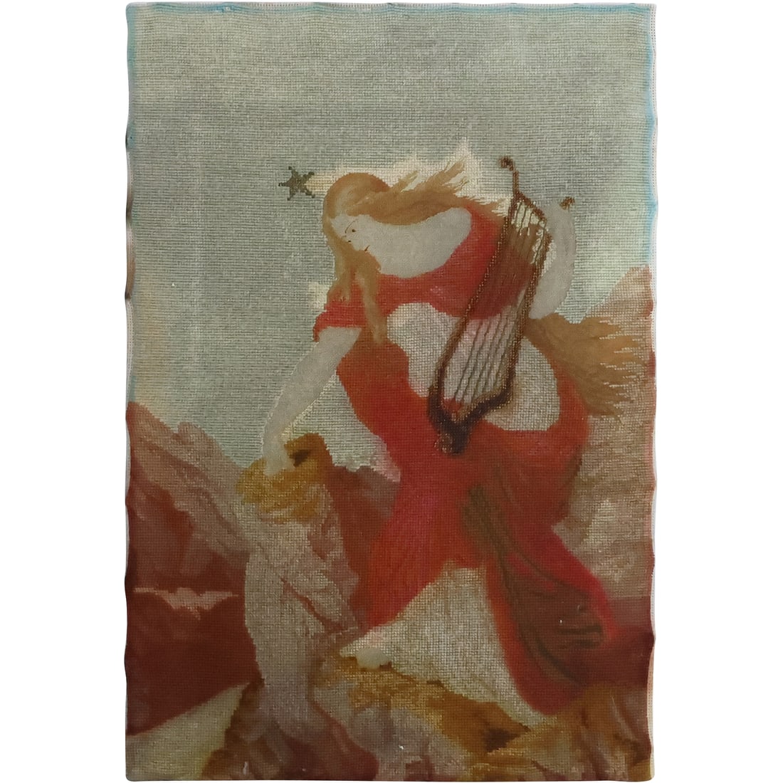 19th C. Peti Point Needlepoint Embroidery Maiden with Harp 24.5 in. x 16.5 in. (1 of 20)