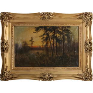 Charles Start Forbes, 1856-1926 American, Oil on Canvas Painting Atmospheric Landscape: This captivating oil on canvas painting by Charles Stuart Forbes (1856-1926) transports viewers to an atmospheric landscape where woody trees stand against the backdrop of a dramatic sunset or sunrise