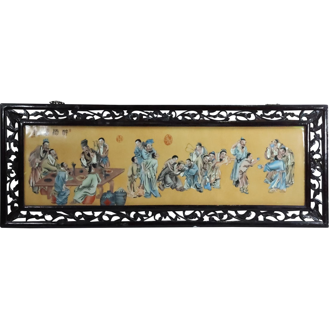 Chinese Oil Painting Gathering of Men, Carved Reticulated Frame (1 of 20)