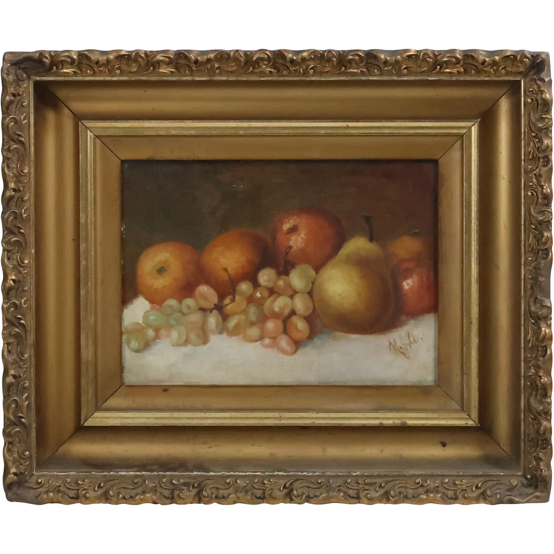1800s Oil Painting on Academy Board Still Life Fruit & Grapes Signed M.J.W. initials, Framed (1 of 20)