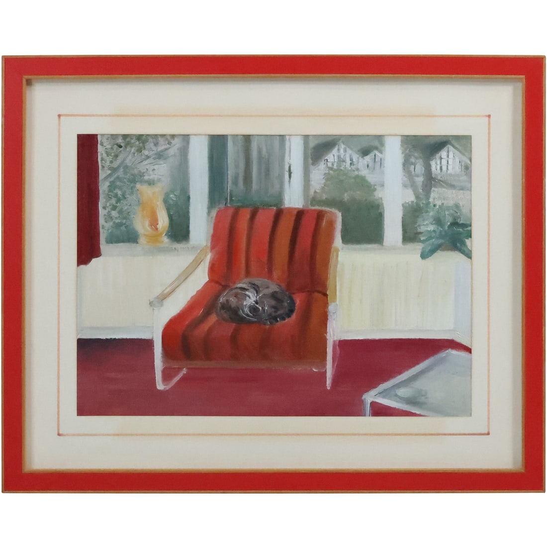Mid-Century Modern Framed Painting CAT Sleeping on Porch Chair: Transport yourself to a bygone era of Mid-Century Modern charm with this framed painting capturing the timeless image of a cat peacefully sleeping on a porch chair. The artist's meticulous attention t