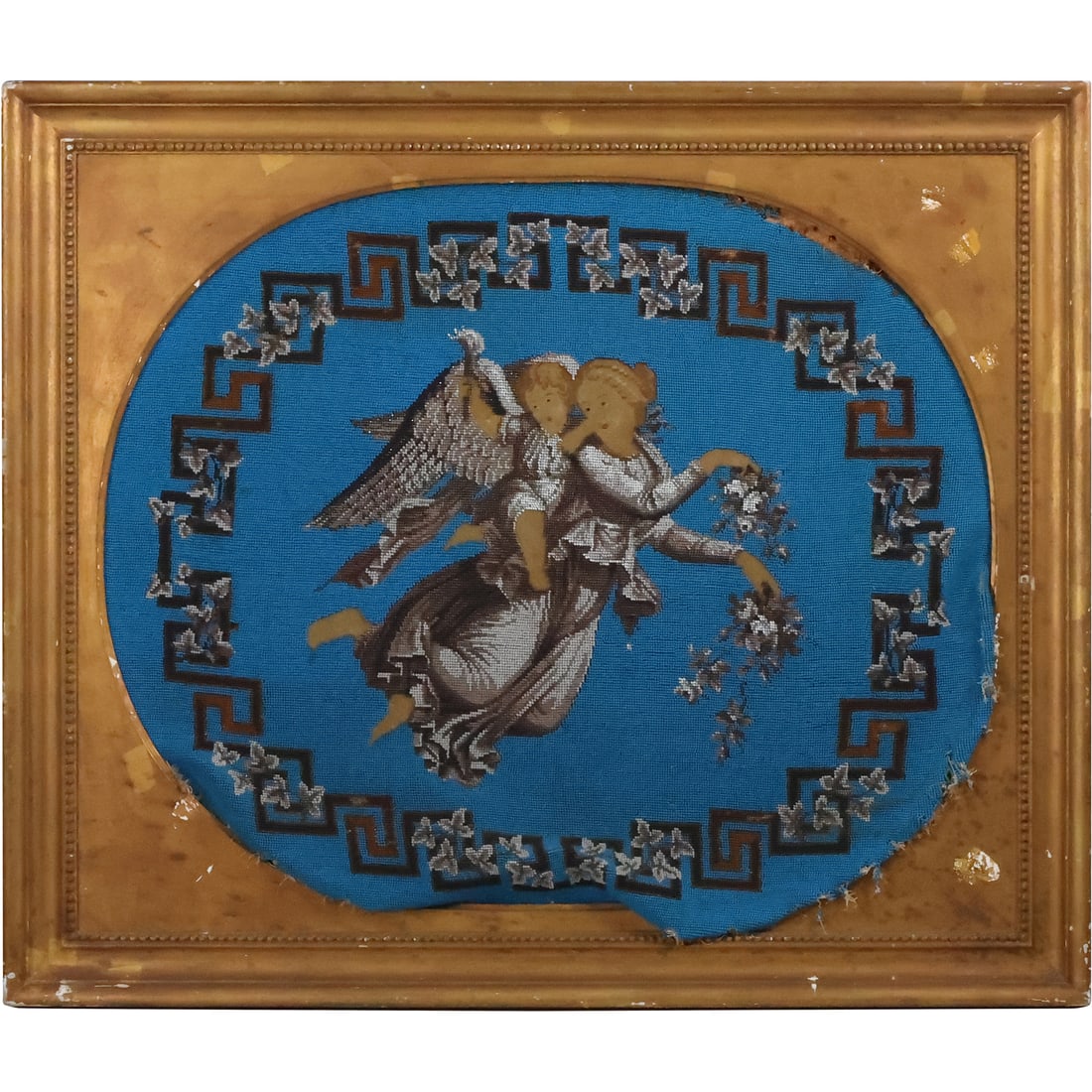 19th C. Peti Point Needlepoint Embroidery Victorian Winged Angel and Putti, Framed (1 of 20)