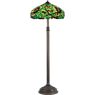 Chicago Mosaic Leaded Glass Shade Floor Lamp Bronze Base 21.5 in. diameter shade, 62.5 in. height: Illuminate your space with the timeless elegance of the Chicago Mosaic Leaded Glass Shade Floor Lamp. This exquisite lamp features a 21.5-inch diameter shade adorned with a meticulously crafted depict