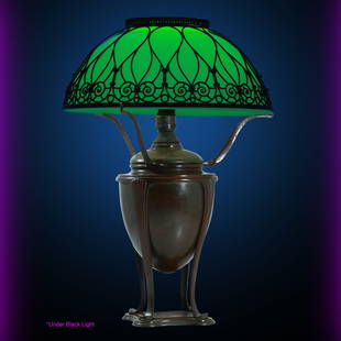 Tiffany Studios New York 6818 Bronze Kerosene Lamp Base Custard Glass Shade Overlay Frame: Tiffany Studios New York 6818 Bronze Kerosene Lamp Base Custard Glass Shade Overlay Frame. Base is currently electrified for use, but retains original burner to convert back to oil lamp. The Lamp base