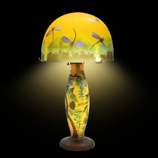 Large Signed Galle Cameo Glass Mushroom Table Lamp with Leaves , Flowers and Dragonflies: DescriptionLarge Signed Galle Cameo Glass Mushroom Table Lamp with Leaves , Flowers and Dragonflies. size: 28.5 inches height x 15.5 inch diameter shade.