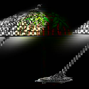 Tiffany Studios New York "Bamboo" Leaded Glass Table Lamp Signed Shade and Base: This exquisite table lamp marked Tiffany Studios New York features the iconic "Bamboo" design in both the leaded glass shade and the bronze base. The shade, signed Tiffany Studios New York #1443, show