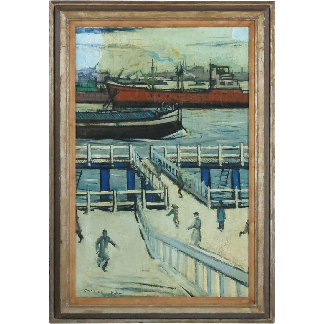 Artist Signed 1960, Oil on Canvas Painting Winter at The Ship's Docks with Figures, Framed (1 of 20)