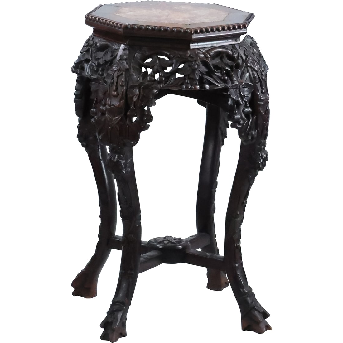 Antique Chinese Hand Carved Teakwood Taboret Stand with Rose Marble Inlay Top 24 in. height (1 of 20)