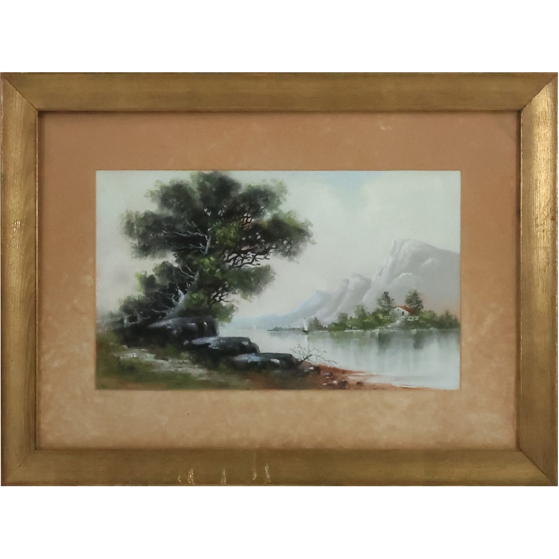 Signed initials F.L.W., Circa 1910 Fine Quality Pastel River Scene with Mountains, Sailboat, House (1 of 20)
