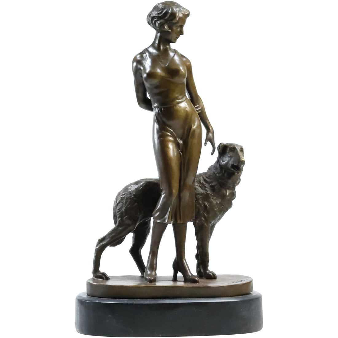 after LORENZL Bronze, Borzoi Dog statue "Girl with Dog" 14.5 in. height x 8.5 in. wide x 4.5 in. (1 of 20)