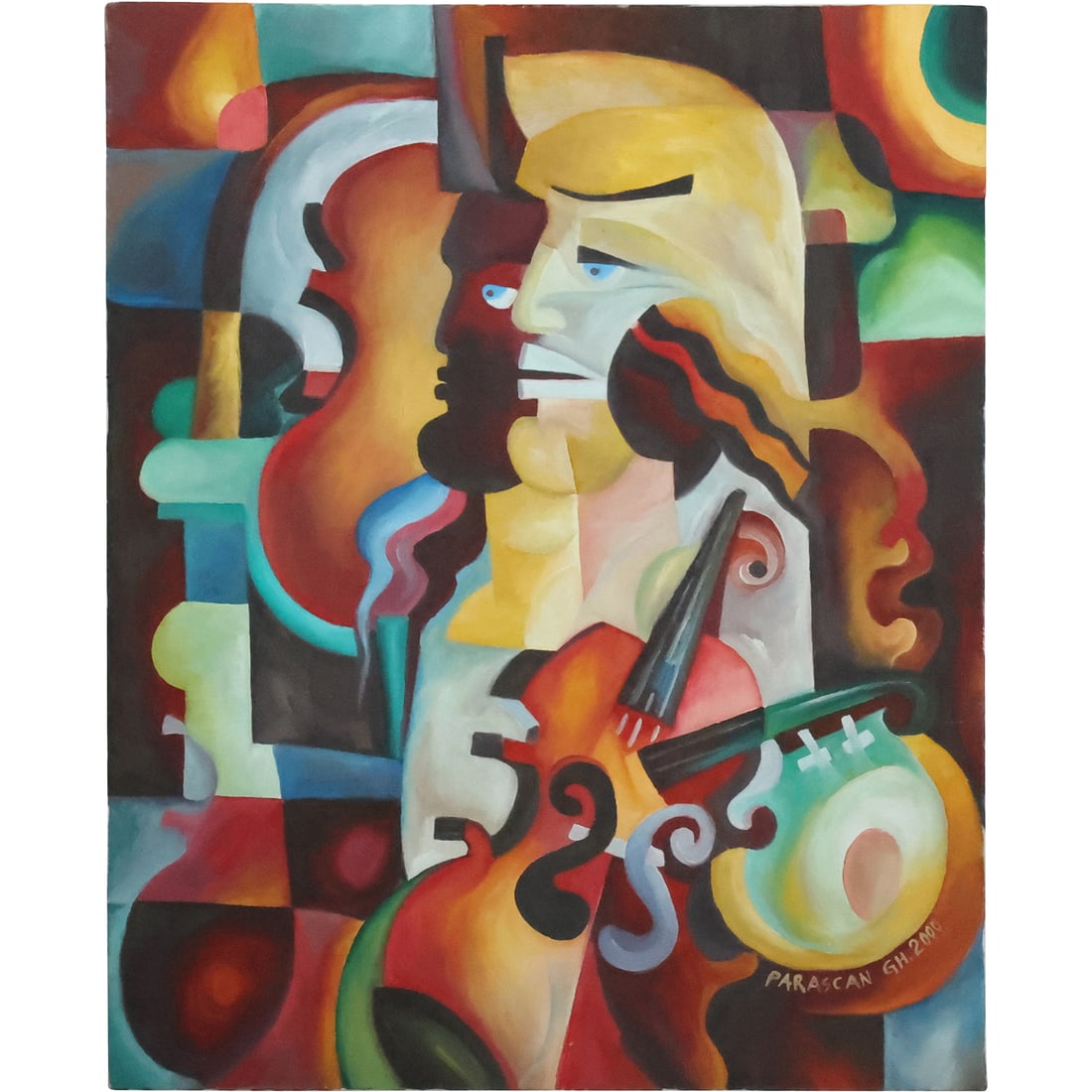 Signed Parascan GH, 20th C. Abstract Composition with 2 Violins Oil on Canvas Painting (1 of 20)