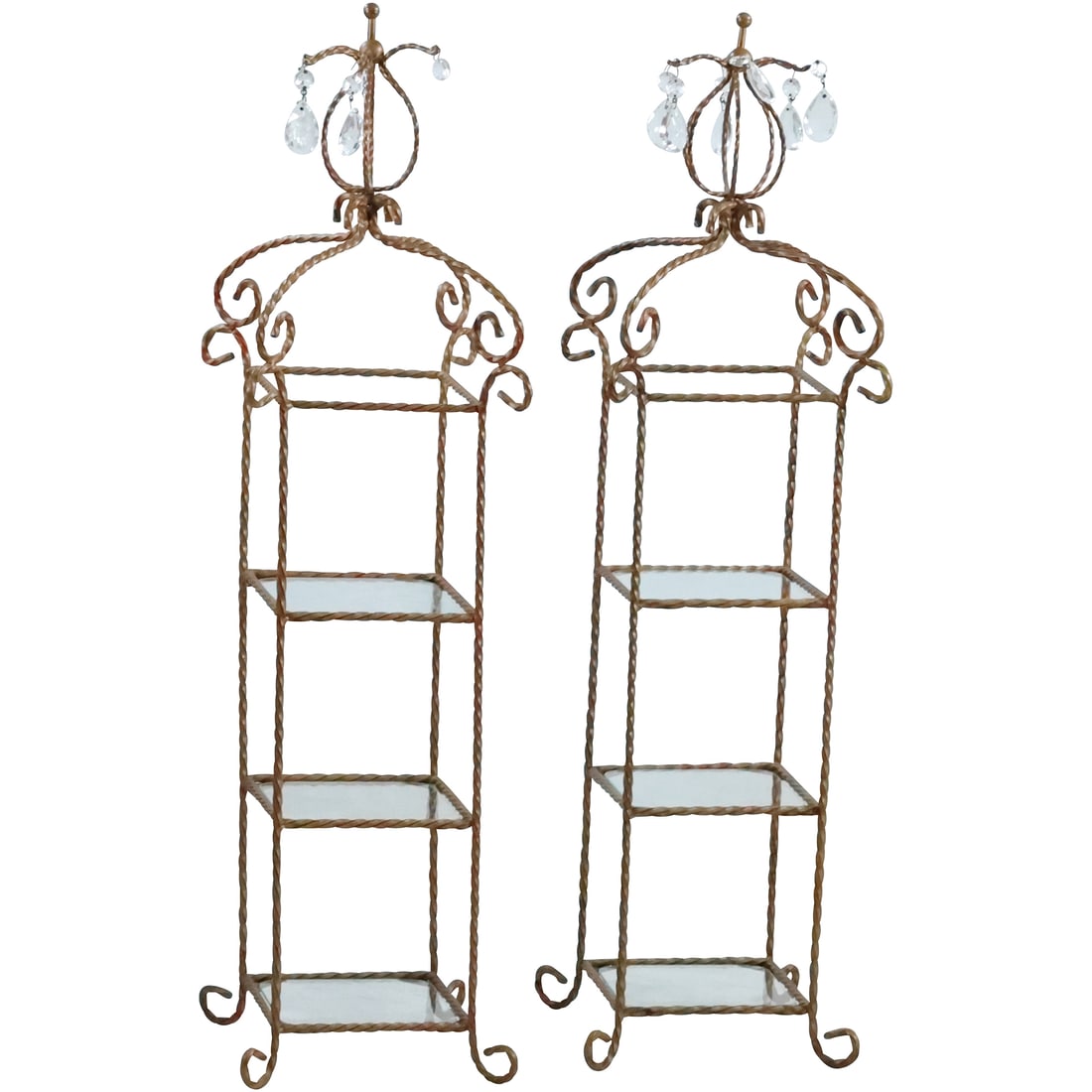 Pair Italian Iron Metal Gold Painted Petite 4-Tier Etagere Stands with Glass Shelves 31 in. height (1 of 19)