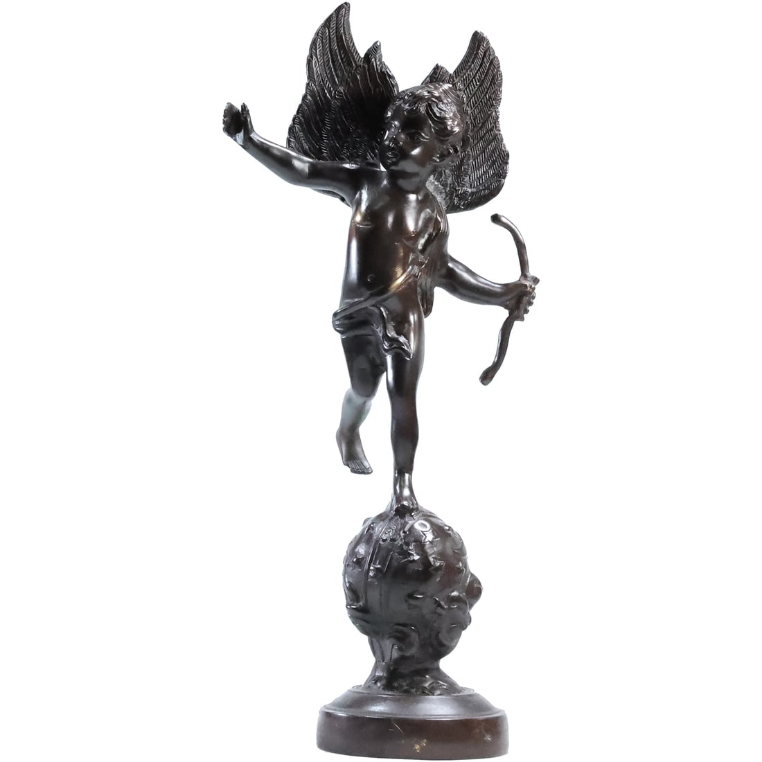 Continental School Bronze Sculpture Winged Cupid with Bow, Standing on an Orb 17 in. height (1 of 20)