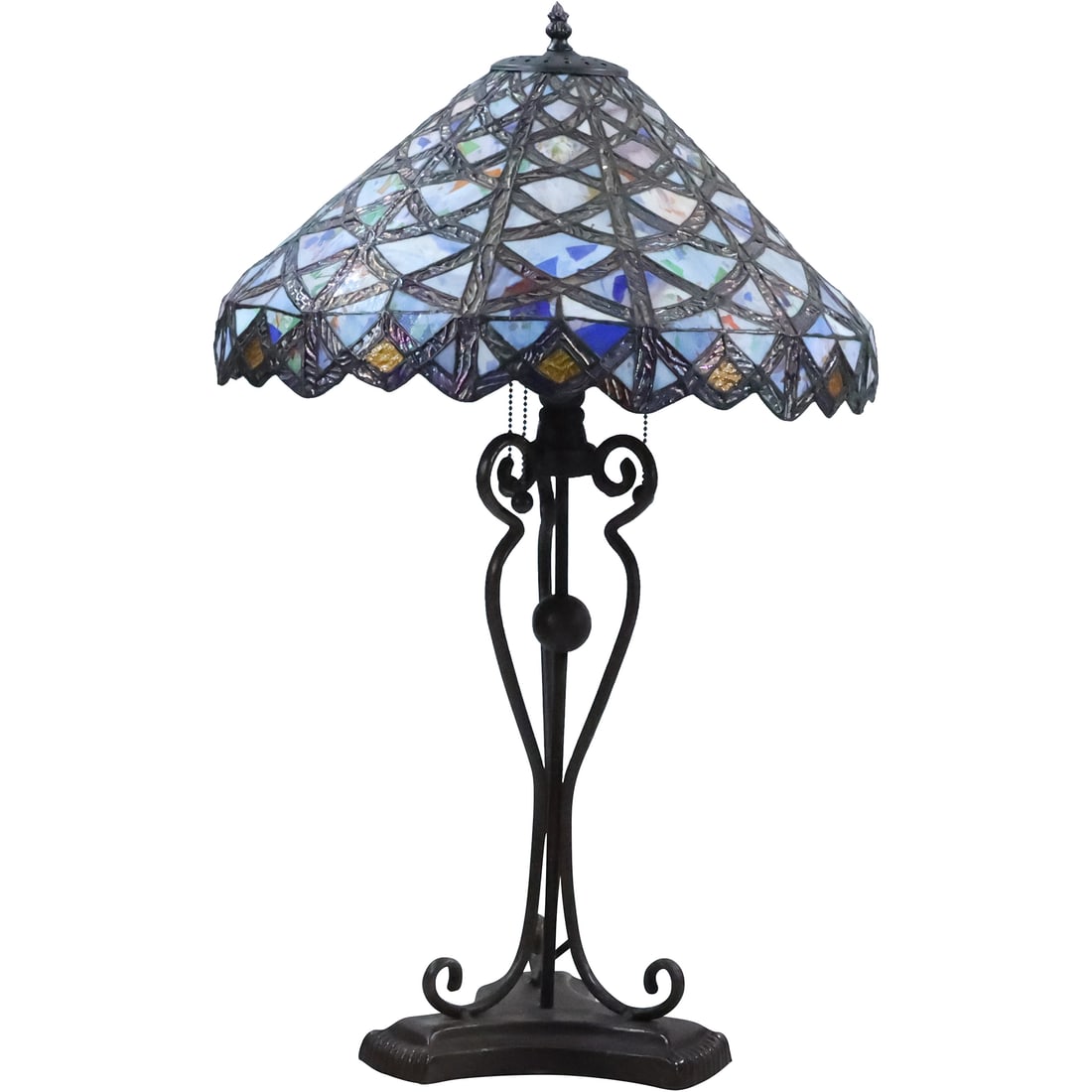 Decorative 20th C. Leaded Glass Table Lamp on Metal Base 30.5 in. overall height x 17.5 in. wide (1 of 20)