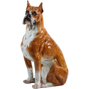 Large Italian Glazed Terra Cotta Figure Statue of a Sitting Boxer Dog Sculpture 26 inches height: Commanding attention with both its size and lifelike detail, this Large Italian Glazed Terra Cotta Sitting Boxer Dog Sculpture stands at an impressive 26 inches in height. Crafted with artistry and pr