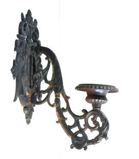 19th C. Heavy Cast Iron French Victorian Outdoor Wall Mount Flower Urn 18.5 in. length: Embrace the charm of a bygone era with this exquisite 19th-century French Victorian Outdoor Wall Mount Flower Urn, crafted from heavy cast iron. Measuring a generous 18.5 inches in length, this ornate