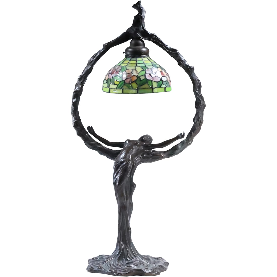 20th C. Fine Quality Bronze Art Nouveau Woman Figurative Harp Lamp with Leaded Glass Shade (1 of 20)