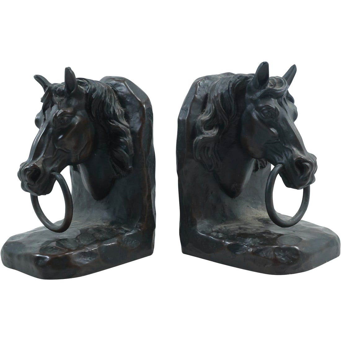 Vintage Bronze Clad Horse Heads with Rings Bookends - Good Patina (1 of 17)