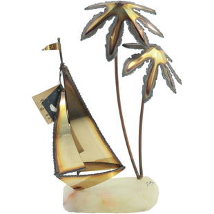 Mario Jason, 20th C. American Sculptor, Bass Sailboat & Palm Trees on Onyx Base 11.5 inches height: Mario Jason, 20th C. American Sculptor, Bass Sailboat & Palm Trees on Onyx Base 11.5 inches height. size: 11.5x7.5