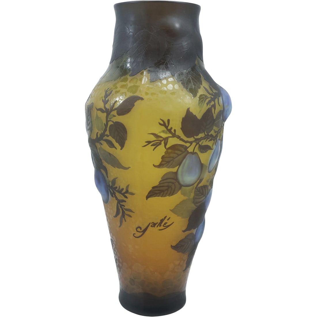 Signed Galle, Large Cameo Art Glass Vase with Plums, Leaves, Vines 15 in. height, 4-Color (1 of 20)