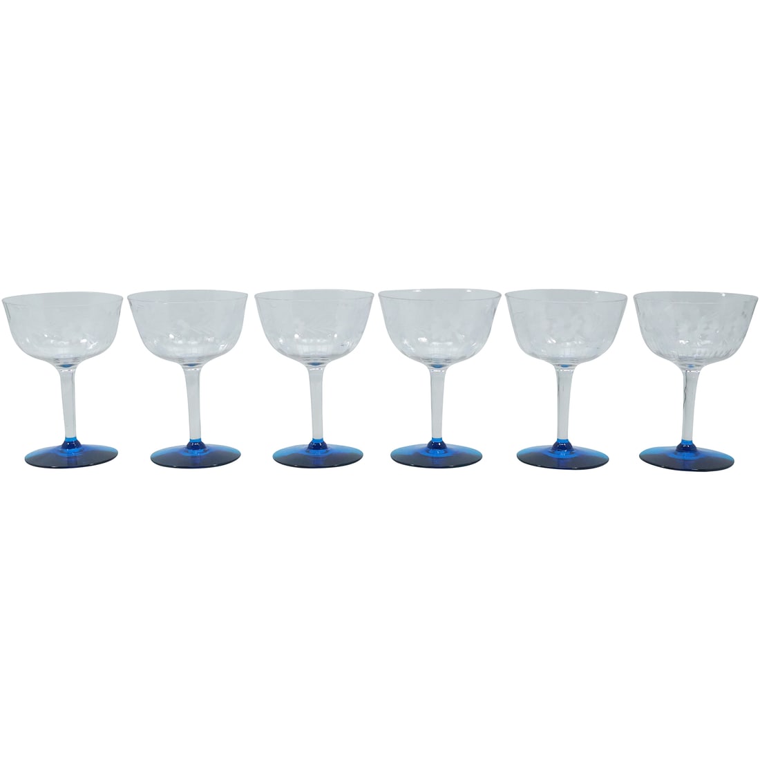 6 Fine Etched Flowers Crystal Glass Cocktail Stemware Cobalt Blue Bases 5 in. x 3.5 in. (1 of 20)