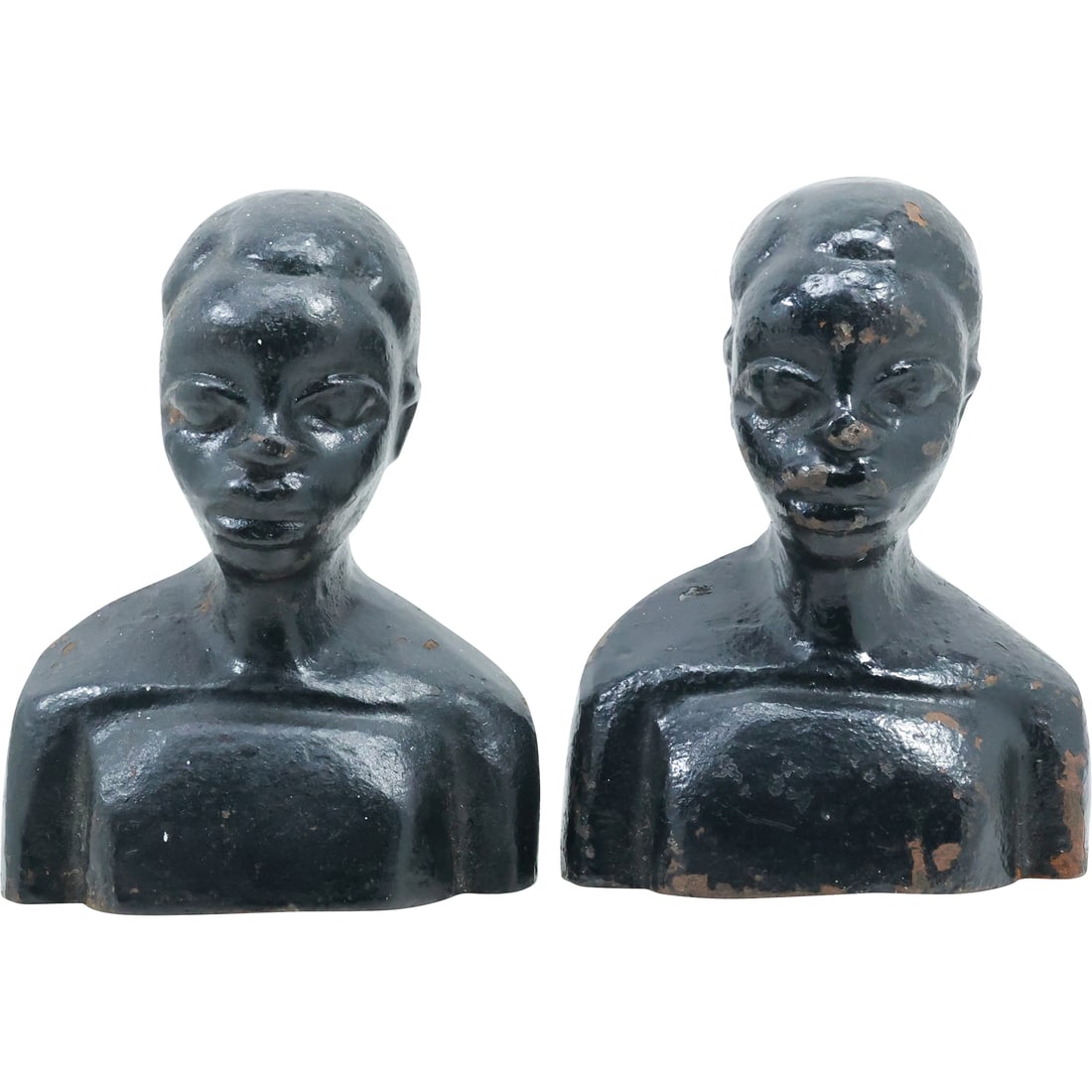 [2] 19th C. Solid Heavy Cast Iron Busts of an African American Woman Doorstops / Bookends: [2] 19th C. Solid Heavy Cast Iron Busts of an African American Woman Doorstops / Bookends. size: 6.75 in. x 5 in.
