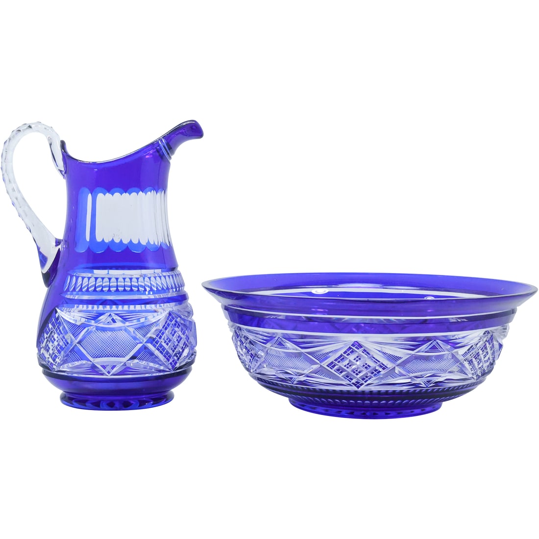 Bohemian Cut Glass Cobalt Blue to Clear Water Pitcher and Wash Bowl Set (1 of 20)