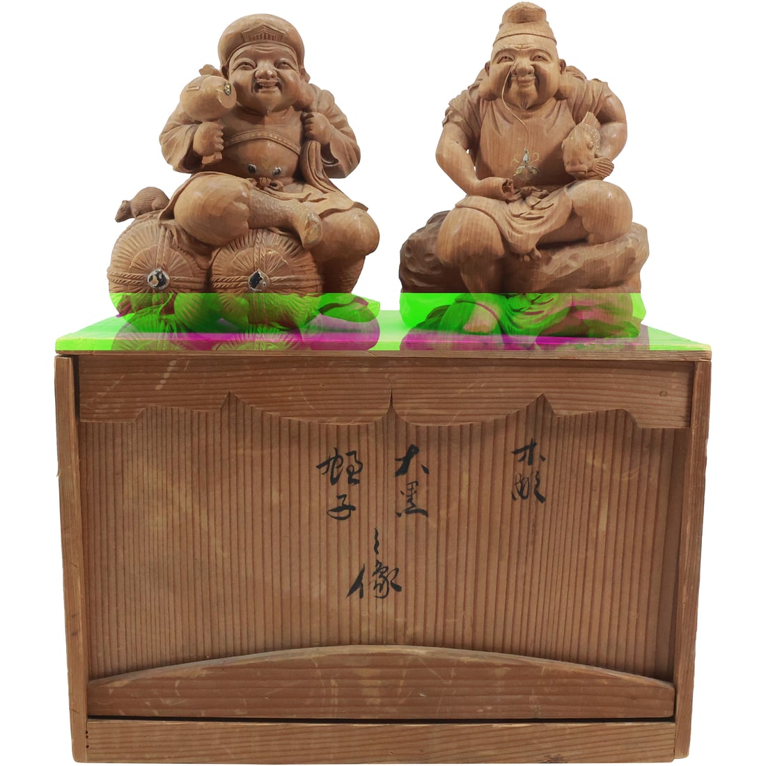 [2] Carved Wooden Japanese Ebisu and Daikoku figures, Holding Offerings in Original Wood Box (1 of 16)