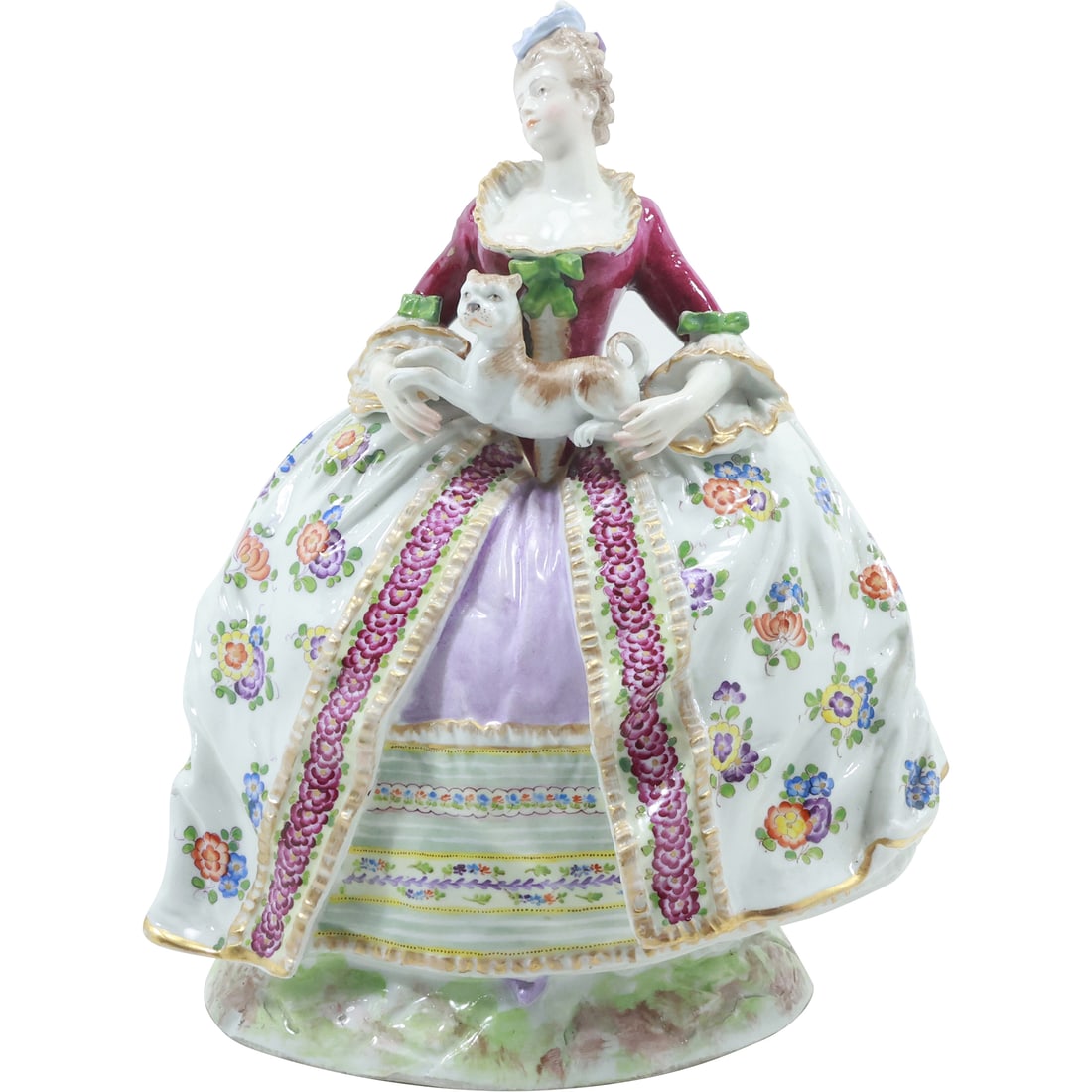 19th C. MEISSEN Fine Porcelain Woman Figure Holding a Dog 9.5 inches height x 8 in. wide: DAMAGED FINGER - Transport yourself to the refined world of the Rococo era with this captivating Meissen fine porcelain woman figure. Standing proudly at 9.5 inches in height and 8 inches wide, this m