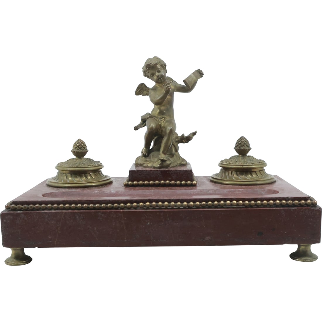 19th C. French Empire Desk Top Double Inkwell Bronze and Rose Marble with Winged Angel Figure (1 of 17)