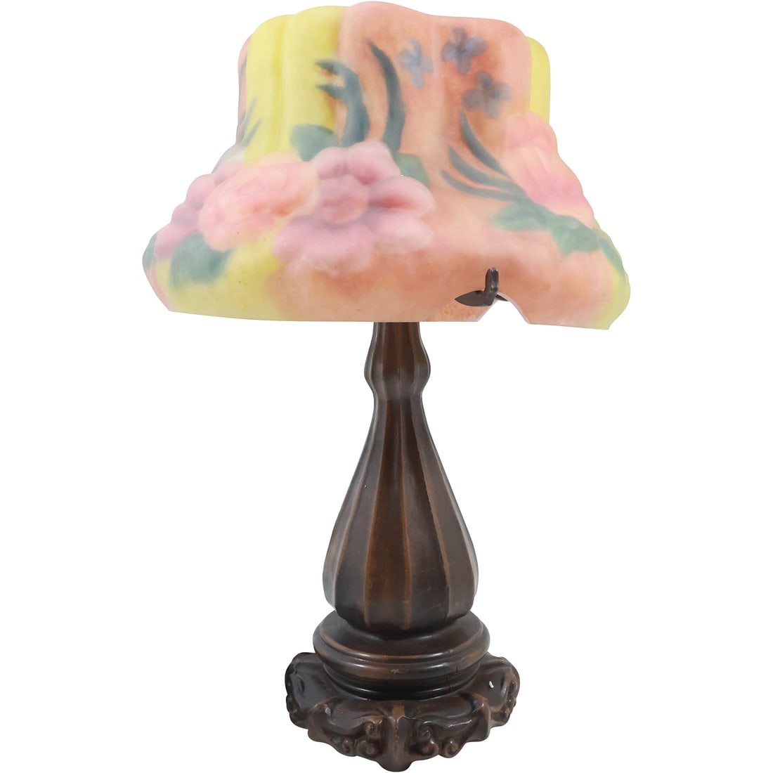 20th C. Decorative Molded Glass Puffy Shade with Flowers on Metal Base Table Lamp 18 in. x 12 in. (1 of 20)
