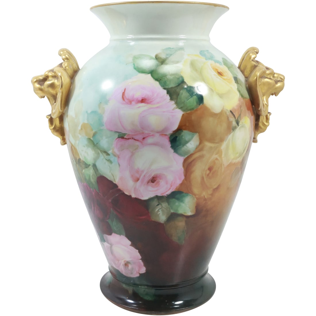 Antique Limoges D&C France Vase Hand Painted Flowers Gold Gilt Lion Head on Sides 13 in. height: Antique Limoges D&C France Vase Hand Painted Flowers Gold Gilt Lion Head on Sides 13 in. height. size: 13 in. x 11 in.