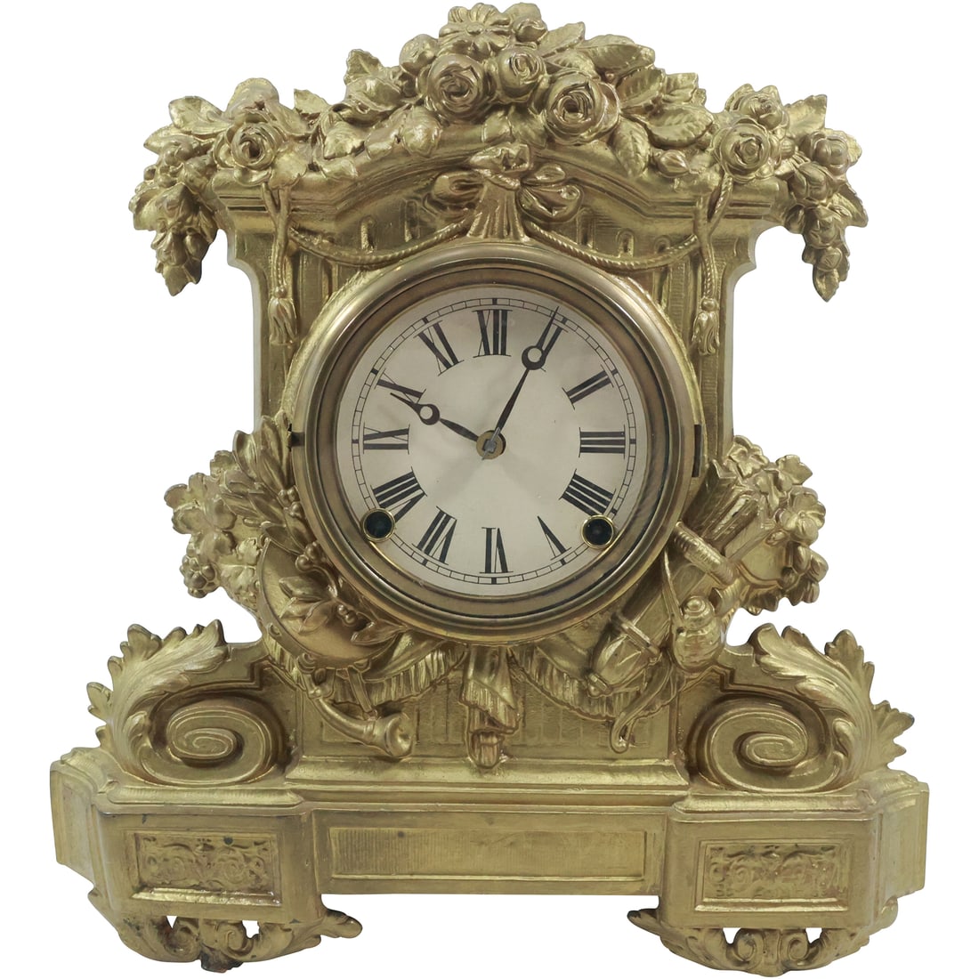 19th C. Fancy Brass Faced French Baroque Mantle Clock by Kroeber, New York 14.24 in. x 13.25 in. (1 of 20)
