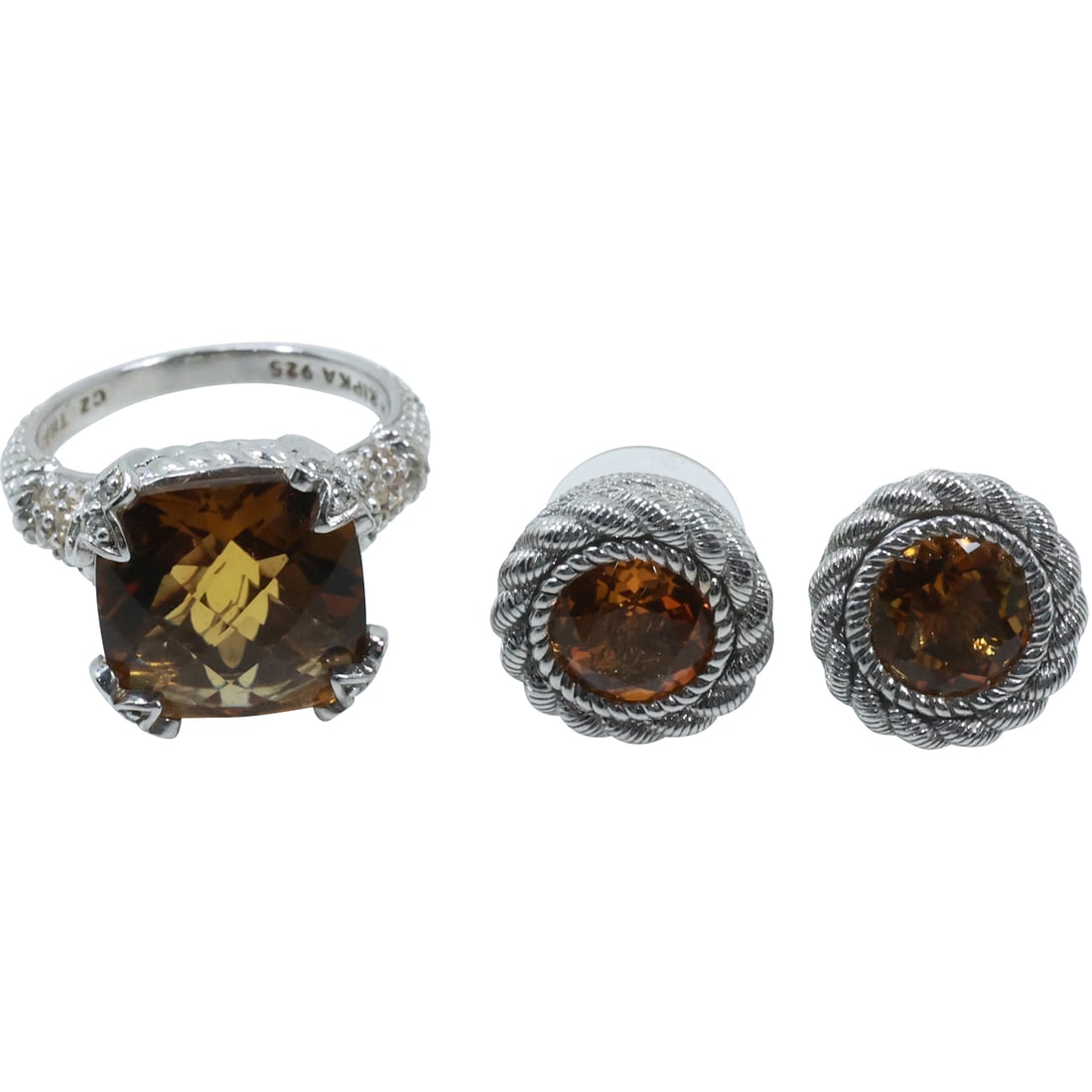 Judith Ripka .925 Sterling with Smokey Quartz Ring Size 10; Judith Ripka .925 Amber Citrine Earrings (1 of 17)