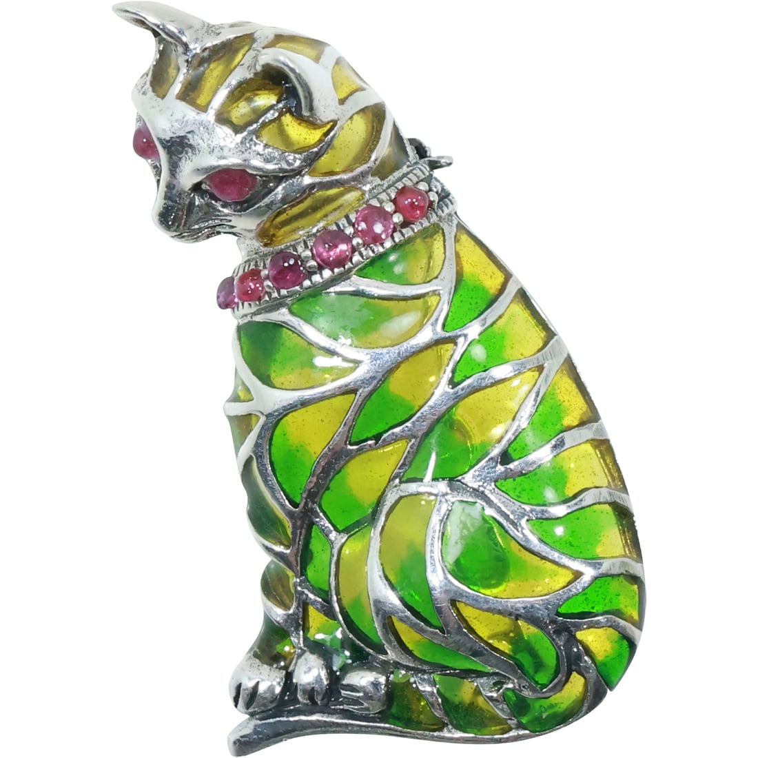 Unsigned Sterling Silver and Stain Glass Cat Pin with 8 Rubies Collar & Eyes 1 5/8 in. x 1 in. (1 of 15)