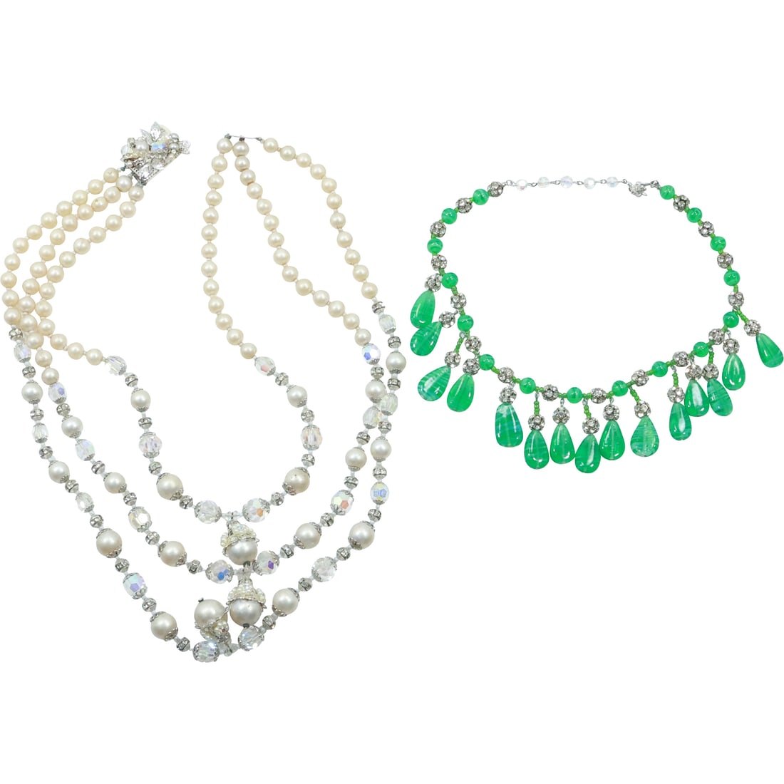 Vendome 1940s-50s Green Art Glass Beads and Rhinestones Necklace; Vendome 1940s-50s 3-Strand: Vendome 1940s-50s Green Art Glass Beads and Rhinestones Necklace 16 in. x 1 1/2 in. ; Vendome 1940s-50s 3-Strand Faux Pearls and Glass Beads Necklace [catch needs to be repaired] Stunning Droplets on 