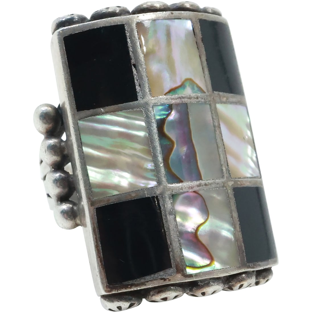 Abalone and Black Onyx Framed with Rosettes Thick Heavy Ring Size 8.25 , 1 1/8 in. x 1 3/8 in.: Abalone and Black Onyx Framed with Rosettes Thick Heavy Ring Size 8.25 , 1 1/8 in. x 1 3/8 in.; weighs 25.1 grams