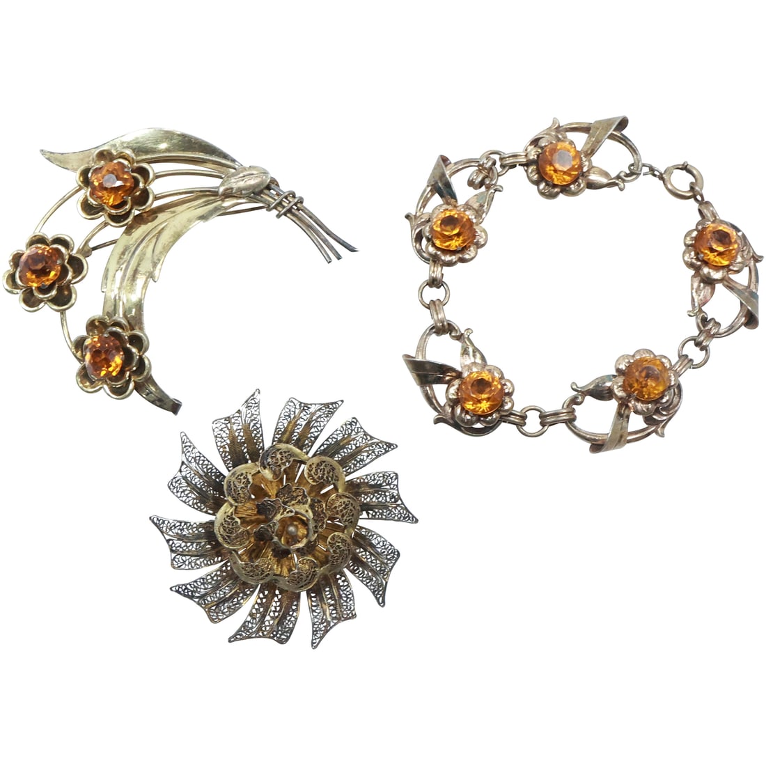 [3] Sterling Silver HI Amber Rhinestone Bracelet; Sterling HU Amber Rhinestone Pin; .925 Sterling (1 of 19)