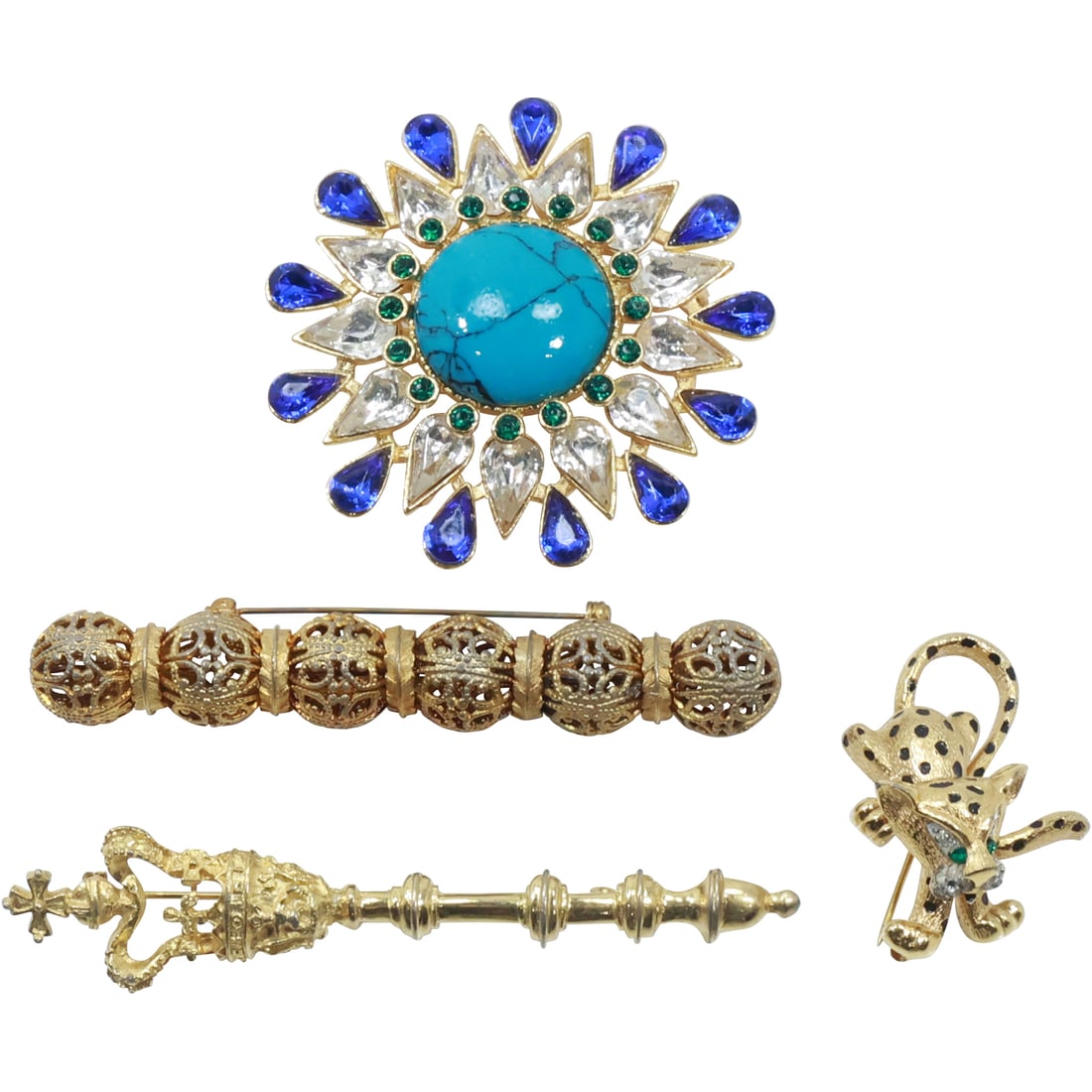 [4] Gold Tone Fashion Pins: Scepter, 6-Filigree Balls, Blue Rd Star, Jomaz Black Enameling Leopard: [4] Gold Tone Fashion Pins: Scepter 3 7/8 in. x 7/8 in., 6-Filigree Balls 3 3/4 in. x 5/8 in., Blue Rd Star 2 3/4 in. diam., Jomaz Black Enameling Leopard Oin 1 3/4 in. x 1 1/4 in.