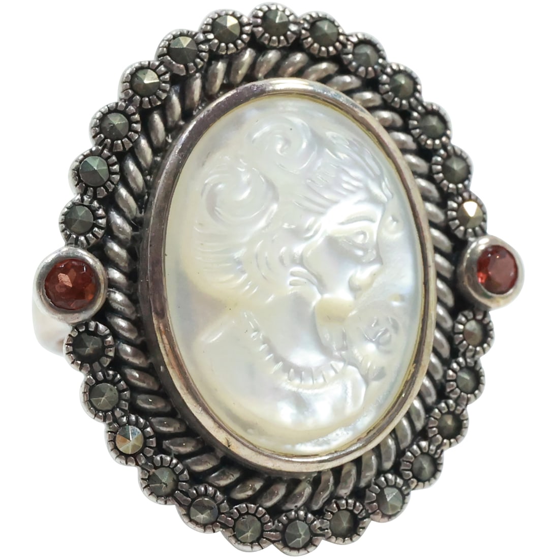 .925 Sterling Silver MOP [Mother of Pearl] Cameo with Marcasites, Rubies Ring Size 7, 1 in. x 1 1/8 (1 of 17)