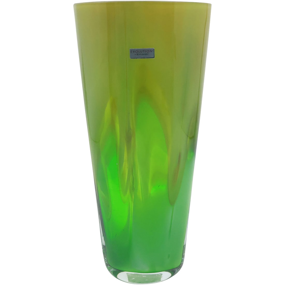 Evolution by Waterford, Peridot Whisper 13 inch height Vase, Original Labels, Box: Evolution by Waterford, Peridot Whisper 13 inch height Vase, Original Labels, Box. size: 13 in. x 6 in. (vase), 20 in. x 8 in. (box)