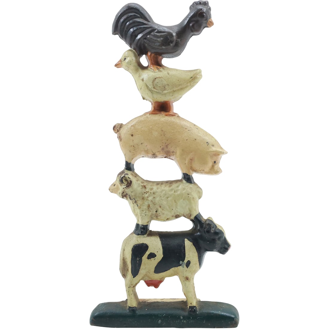 Novelty Cast Iron Doorstop Stacked Farm Animals in Original Paint Finish 11 in. height: Novelty Cast Iron Doorstop Stacked Farm Animals in Original Paint Finish 11 in. height. size: 11 in. x 5.25 in.