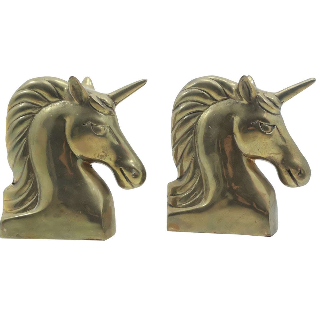 Brass Unicorn Figurative Bookends in Original Patina Finish: Brass Unicorn Figurative Bookends in Original Patina Finish. size: 7.5 in. x 7 in.