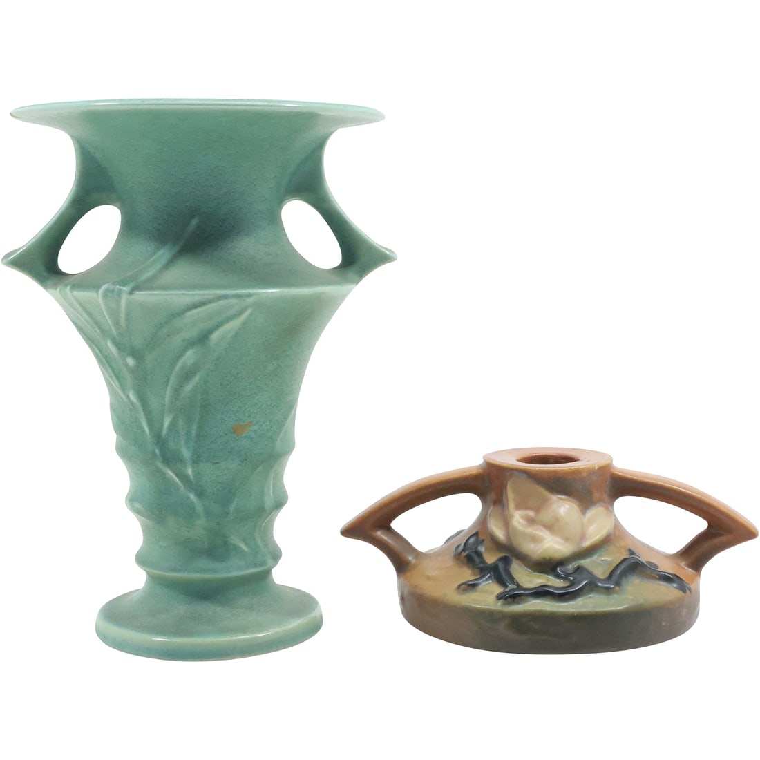 [2] Roseville Art Pottery Green Vase and Roseville Art Pottery Candlestick (1 of 15)