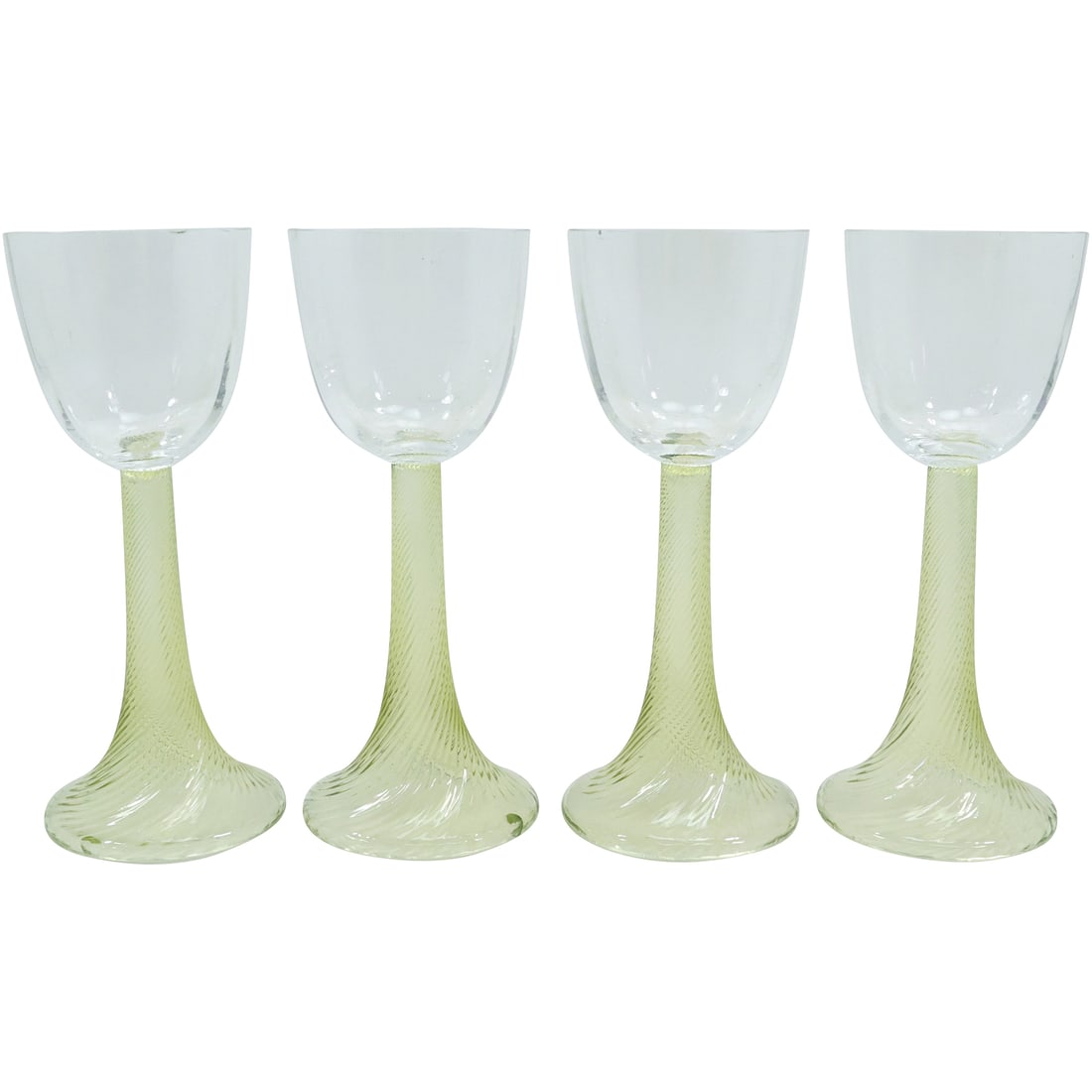 [4] Vintage Green Swirl Glass Base, Clear Crystal Top Goblets: [4] Vintage Green Swirl Glass Base, Clear Crystal Top Goblets. size: 7.5 in. x 3 in.