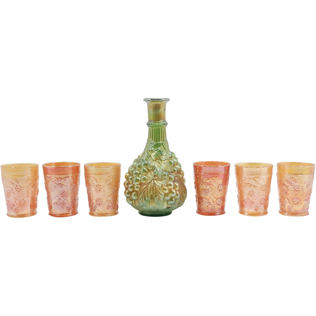 Green Carnival Glass Grapes Decanter & 6 Marigold Carnival Glass Tumblers Grapes and Leaves (1 of 20)